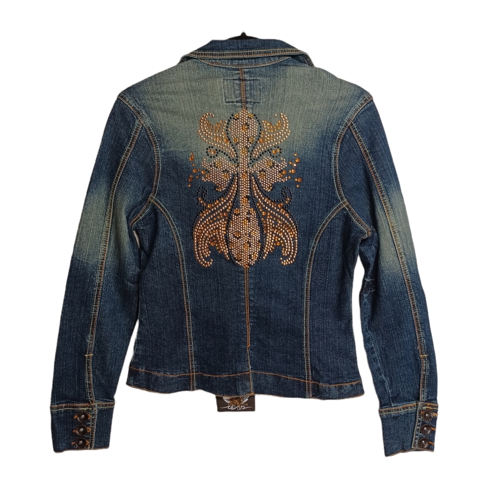 SWEET VIBES Rhinestone Cross Back Button Front Denim Jean Jacket Medium NWT